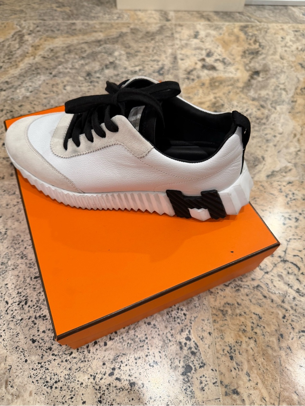 H Logo Hermes Leather Sneakers White Grey and Black